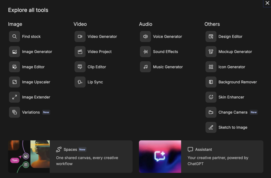 List of Freepik tools including AI image, audio, and video generation I use in my copywriting tech stack