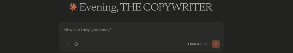 The user interface for Claude AI, a tool for AI copywriting.